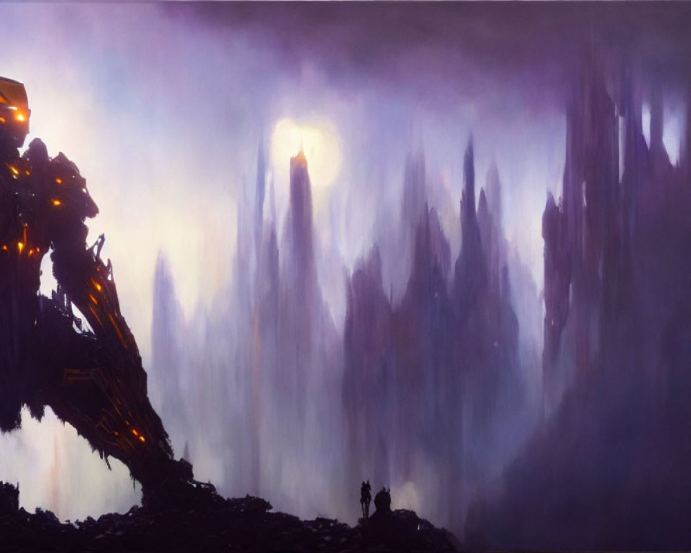 Futuristic soldier in armor on rocky terrain with misty spires.