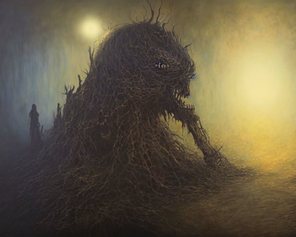 Eerie artwork: twisted root creature under moonlit sky