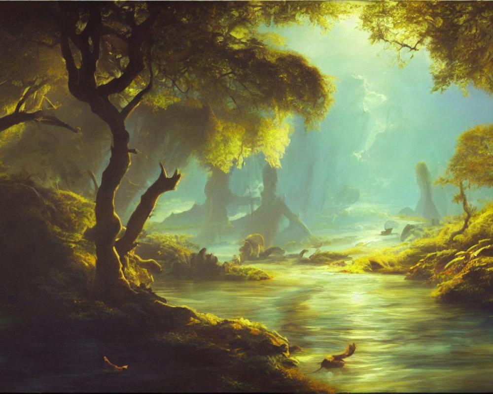 Sunlit forest scene with moss-covered trees and gentle stream