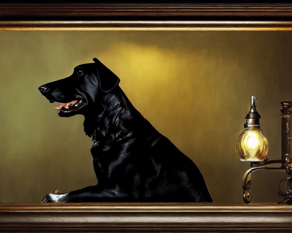 Elegant Black Dog in Golden Frame with Antique Brass Lamp