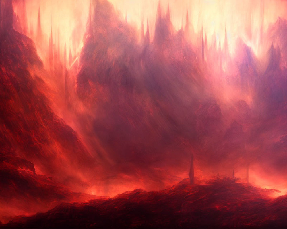 Volcanic Landscape with Glowing Red and Purple Hues