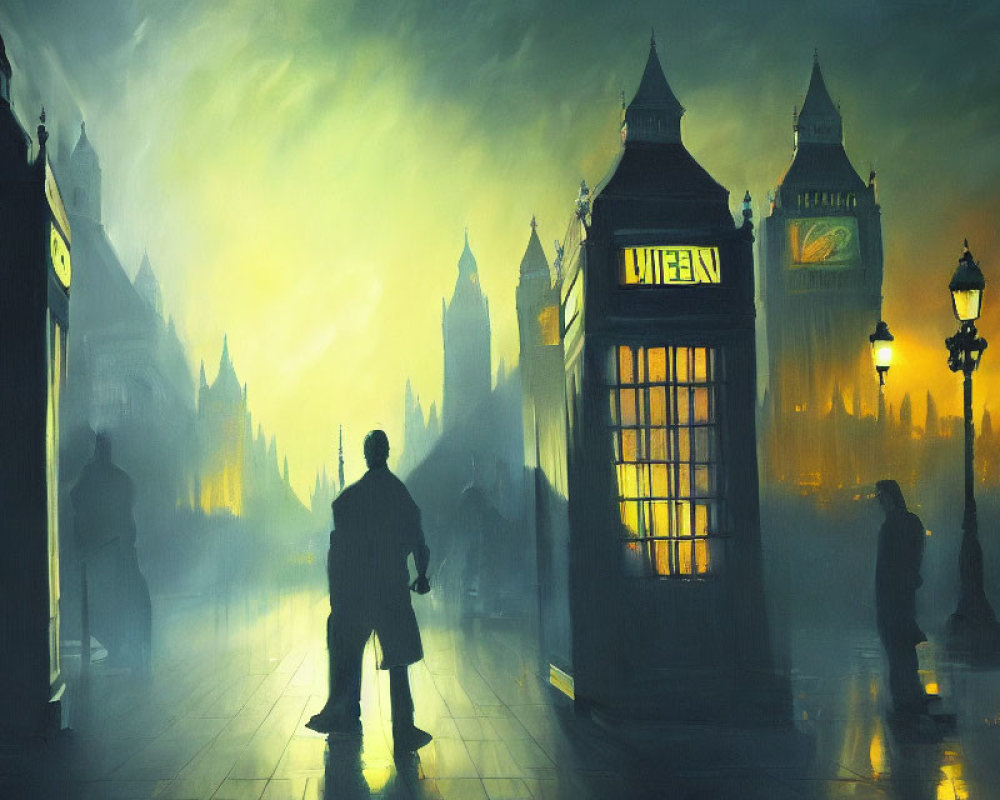 Silhouetted figure in foggy cityscape with vintage street lamps