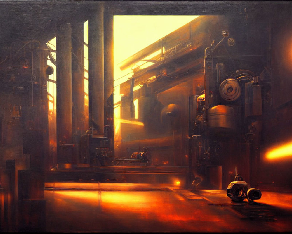 Industrial interior with sunlight through large windows and futuristic robot.