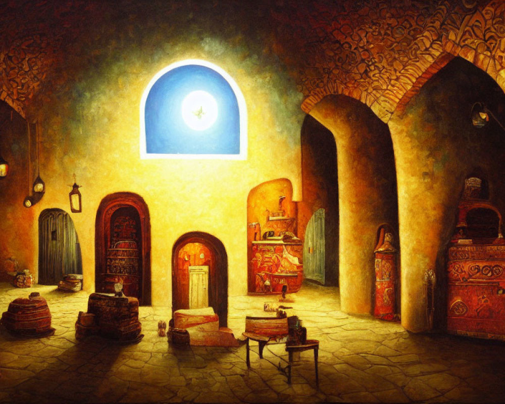 Inviting Middle Eastern room with archways, lanterns, ornate furniture, and starlit ar