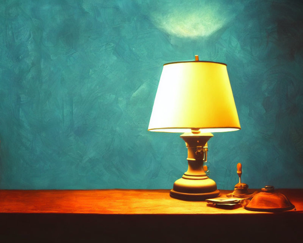 Warmly lit table lamp with books, inkwell, pen, and hat on wooden surface against blue