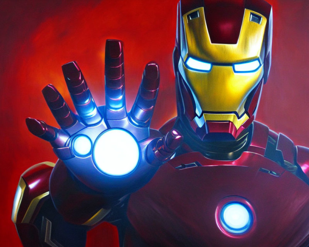 Detailed illustration of Iron Man with glowing hand repulsor and chest arc reactor on red backdrop