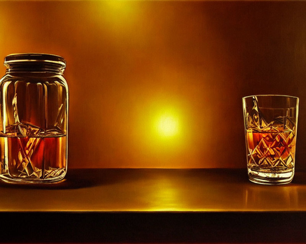 Sealed jar and whiskey glass on reflective surface with warm amber background