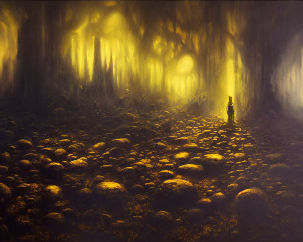 Ethereal forest scene with golden light and solitary figure among trees