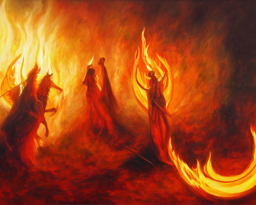 Three robed figures with mystical staves in fiery, ominous setting