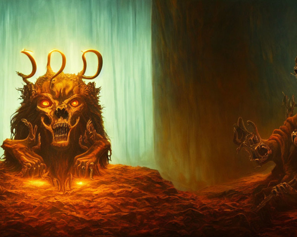 Fantasy scene: Horned skull creature with glowing eyes by fiery waterfall