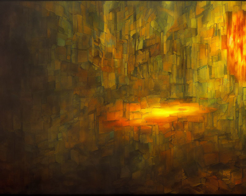 Vibrant Orange and Yellow Abstract Painting with Central Glowing Area