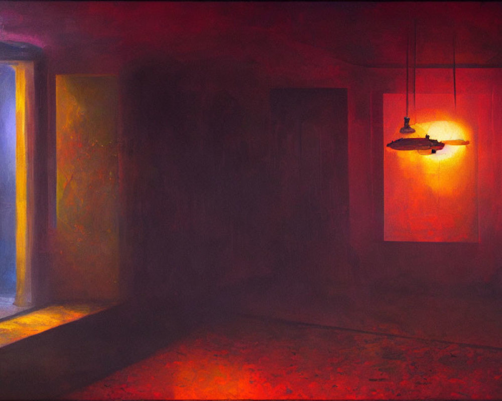 Dimly Lit Room with Hanging Lamp and Ajar Door in Warm Red and Yellow Hues