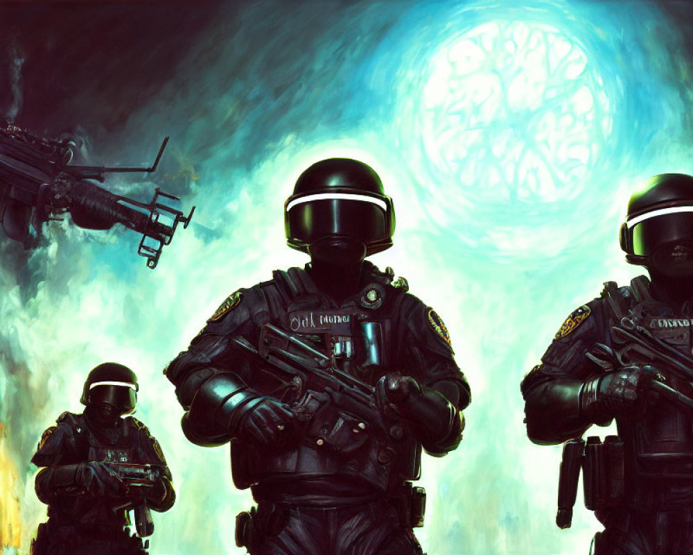 Futuristic soldiers in heavy armor under a glowing moon amidst green smoke