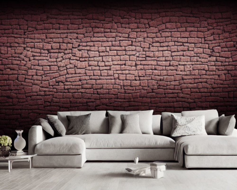 Minimalist Living Room with Large Grey Sectional Sofa and Textured Red Brick Wall