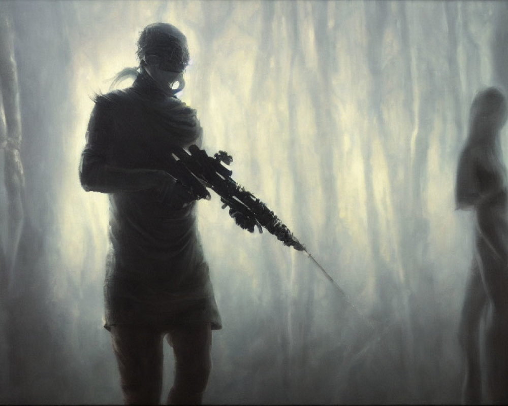 Mysterious silhouette in tactical gear with rifle, blurred background.