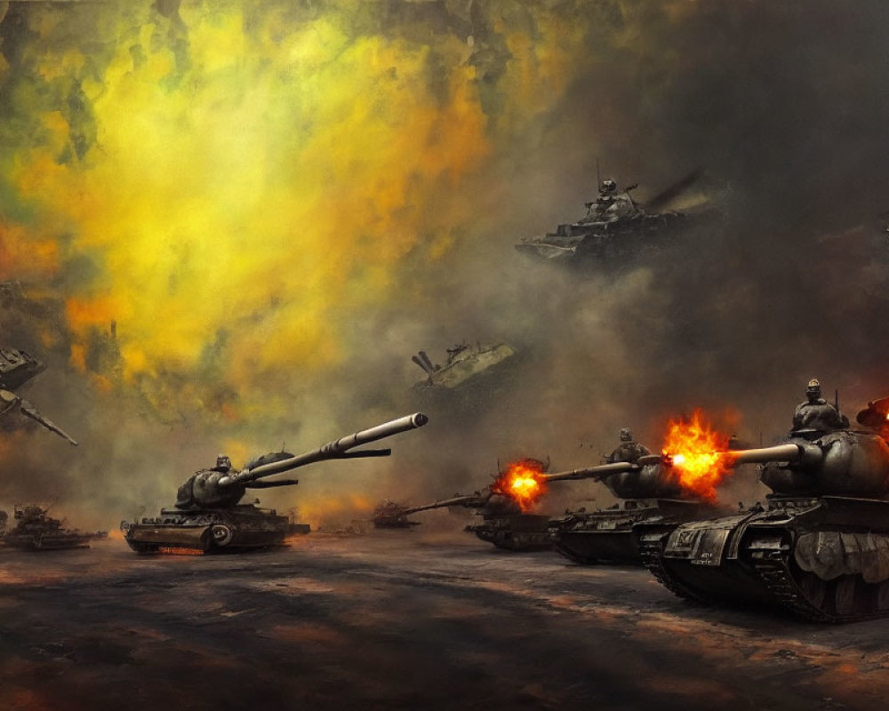 War-themed artwork featuring tanks in battle with fiery explosions.