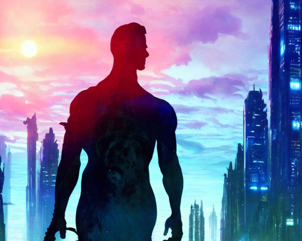 Silhouetted figure in front of futuristic cityscape under pink and blue sky.