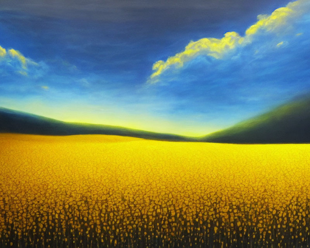 Golden-yellow field of flowers under dramatic blue sky with sunlight.