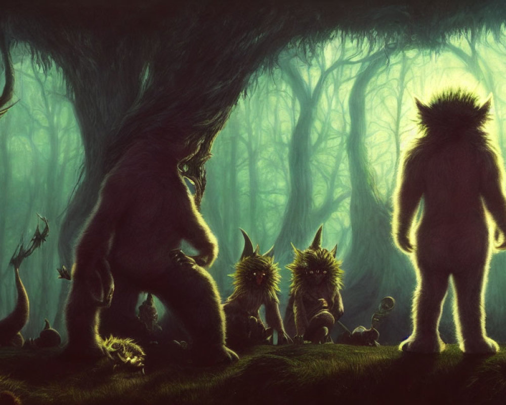 Mystical furry creatures with glowing eyes in haunting green-lit forest