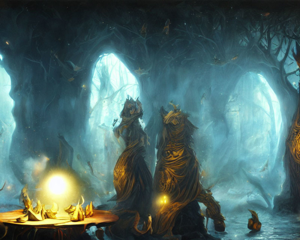 Ethereal forest scene with glowing orbs and ent-like creatures