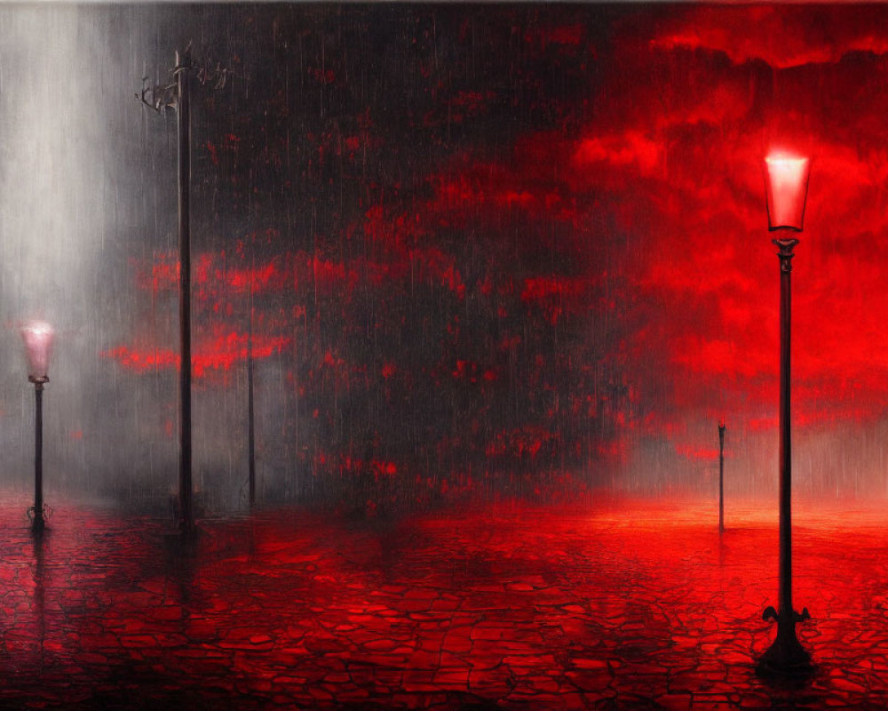 Red illuminated street lamps on wet cobblestone under dark sky