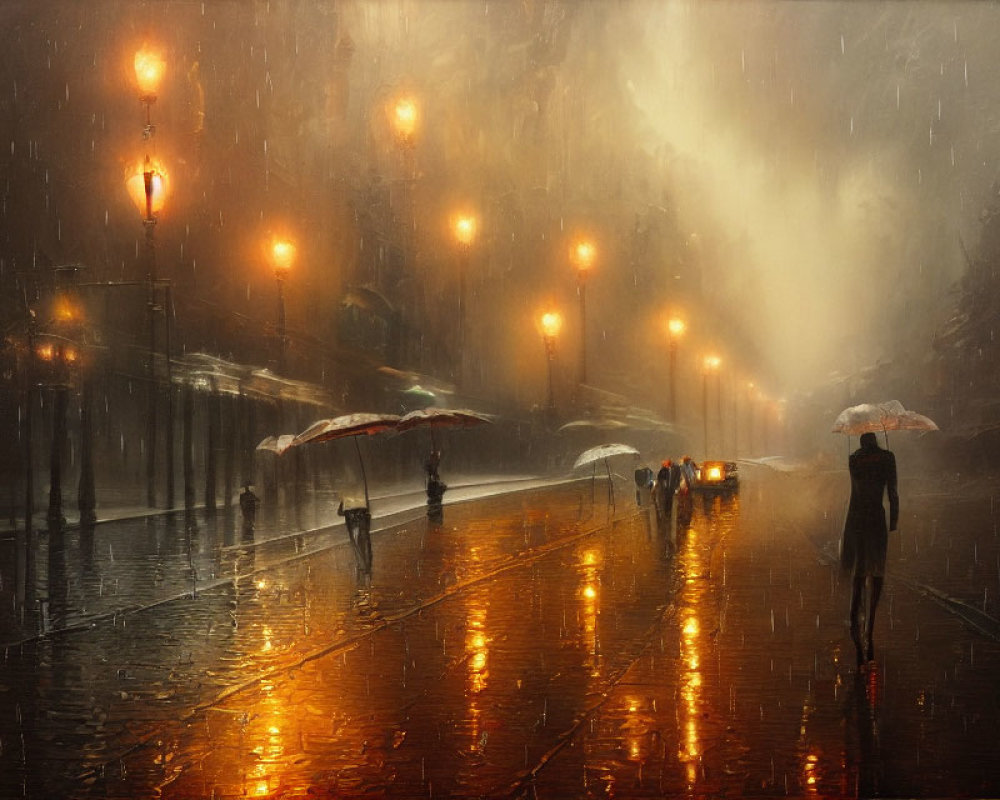 Rainy Evening Scene: Glowing Street Lamps, Umbrellas, and Moving Cars