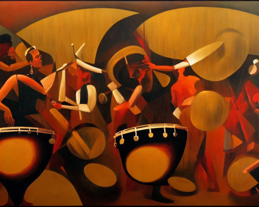 Colorful painting of energetic figures playing drums and dancing vibrantly