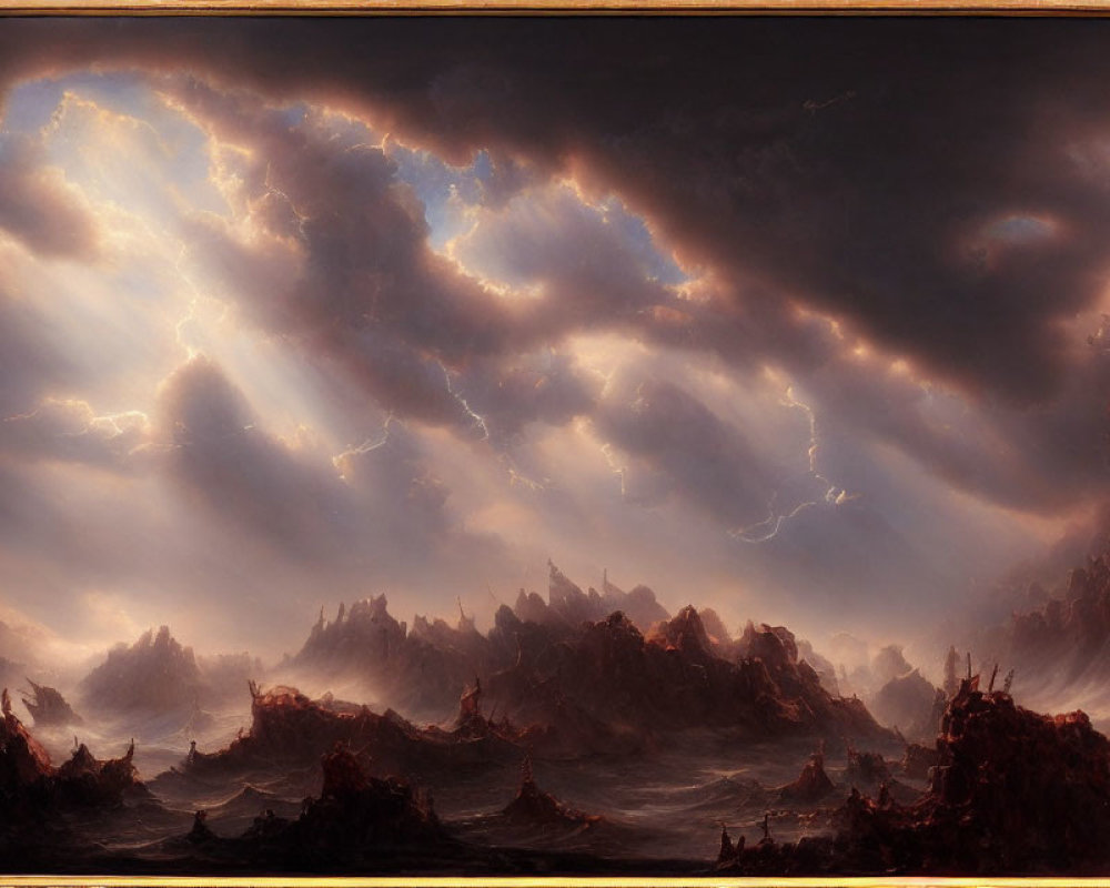 Dramatic landscape painting: cloudy skies, light rays, dark mountains