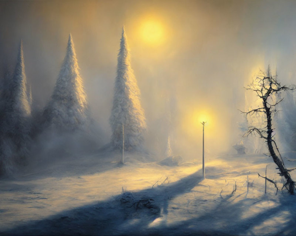 Snow-covered trees and glowing street lamp in misty winter scene