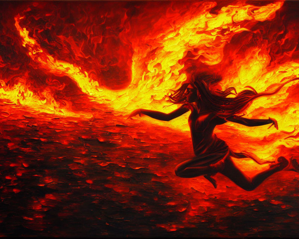 Woman dancing in fiery landscape with swirling red and orange flames