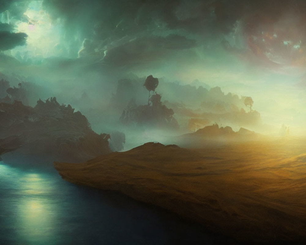 Mystical landscape with serene river, foggy terrains, and dramatic sky