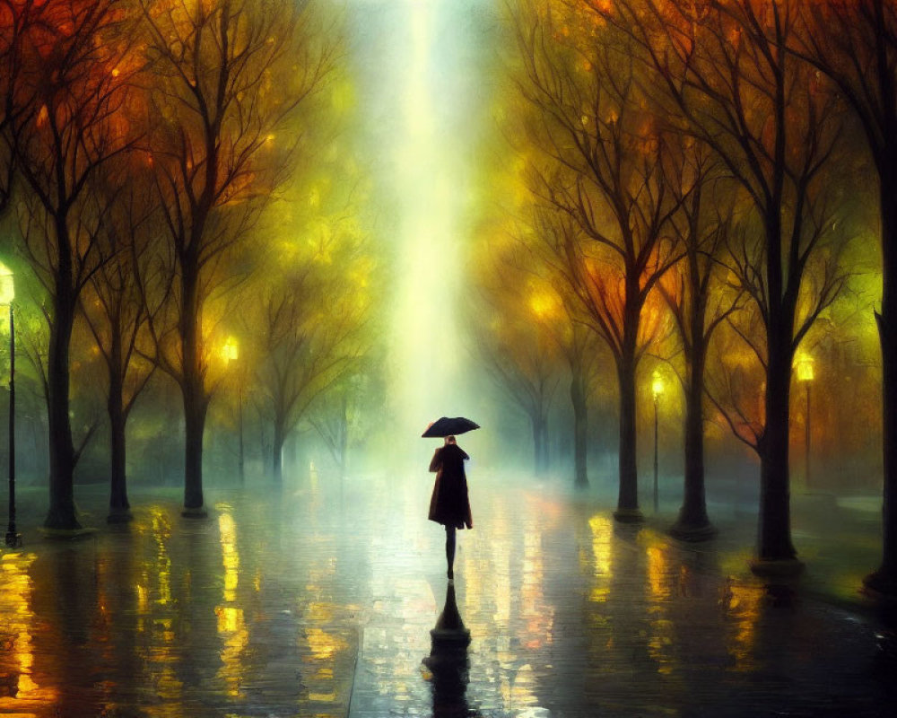 Solitary figure with umbrella in misty park with street lamps