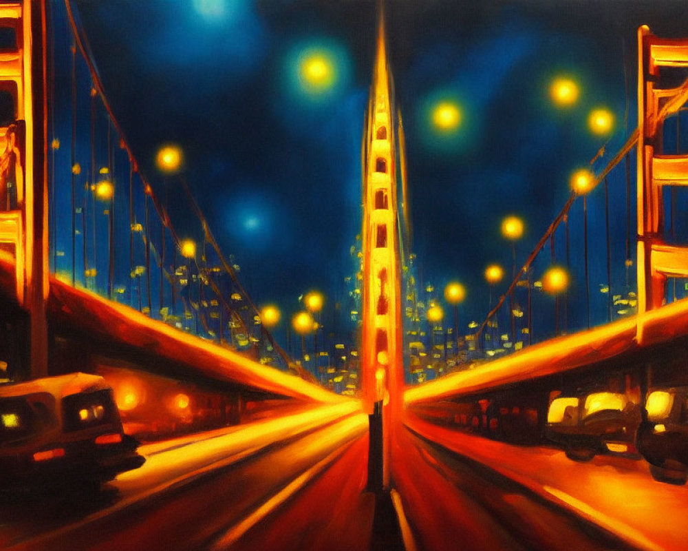 Vibrant illuminated bridge at night with glowing street lights