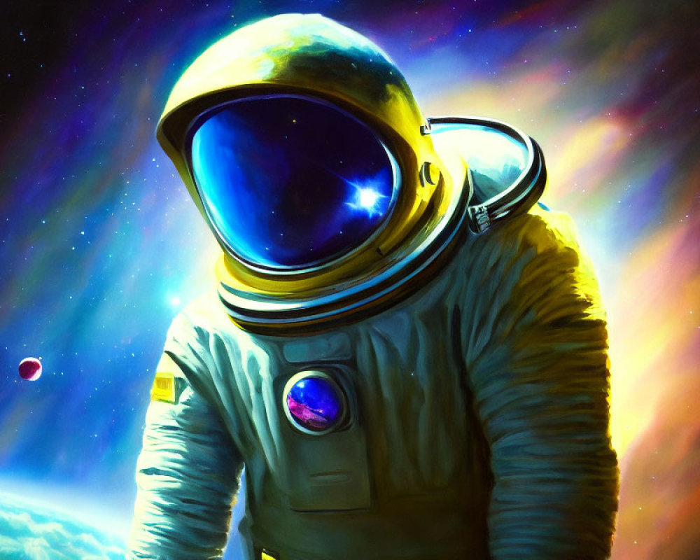 Colorful digital painting of astronaut in gold and white suit against space backdrop.