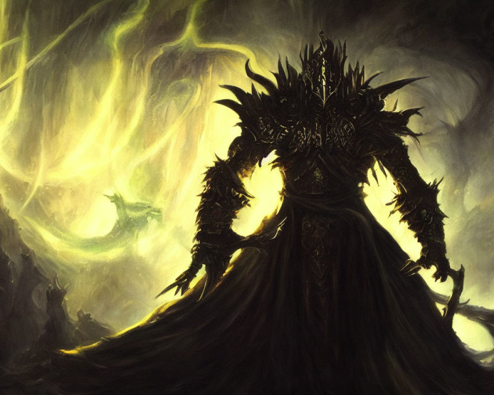 Dark Armored Figure in Gloomy Setting with Glowing Accents