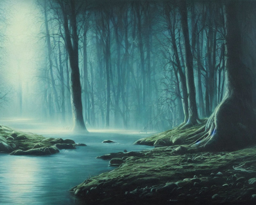 Tranquil forest scene with mist, serene water, and large trees in soft blue light