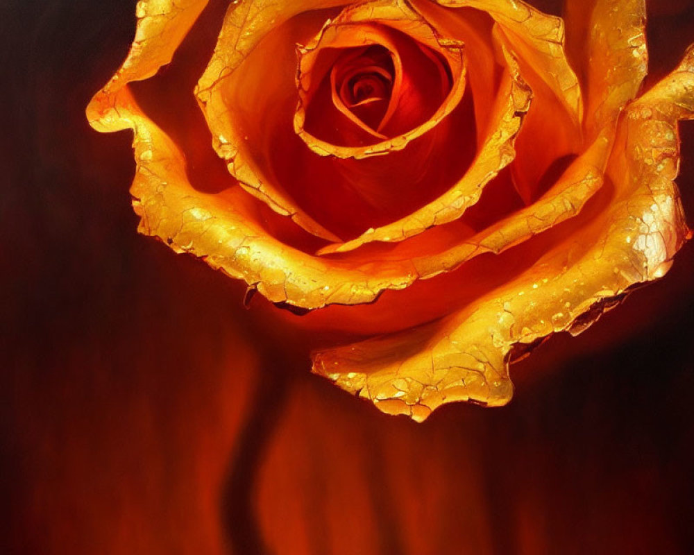 Vibrant orange rose with golden edges on blurred amber background