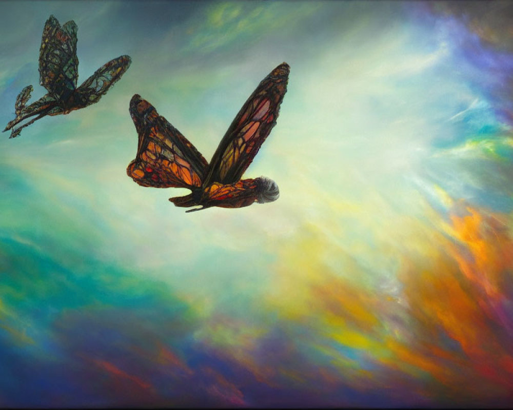 Vibrant butterflies in colorful sky scene