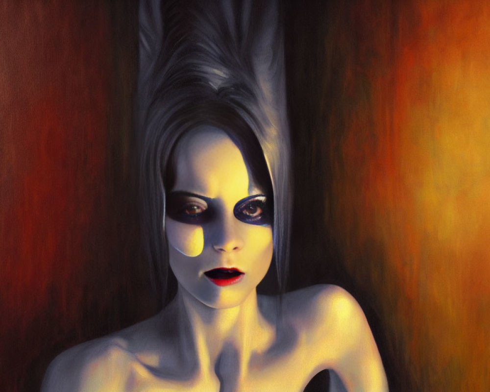 Stylized portrait of woman with dramatic makeup on fiery background