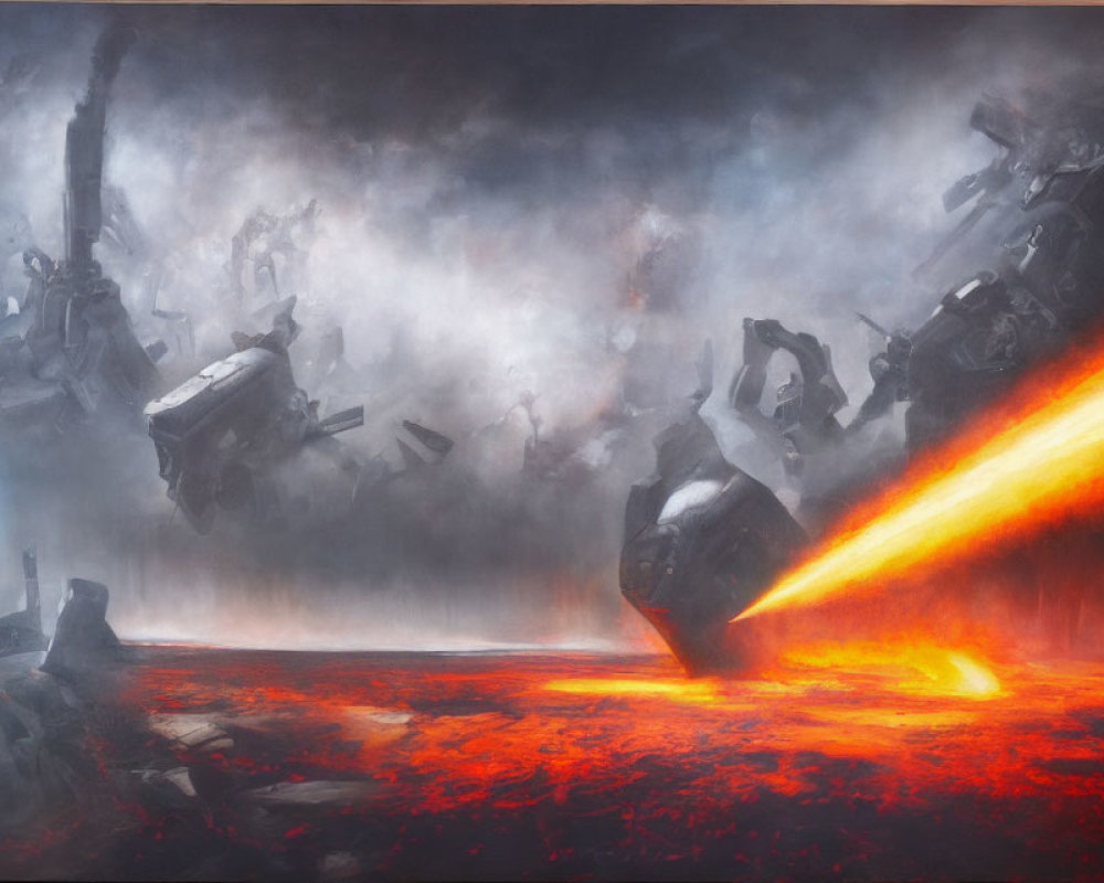 Futuristic sci-fi battle over lava terrain with ships and explosions