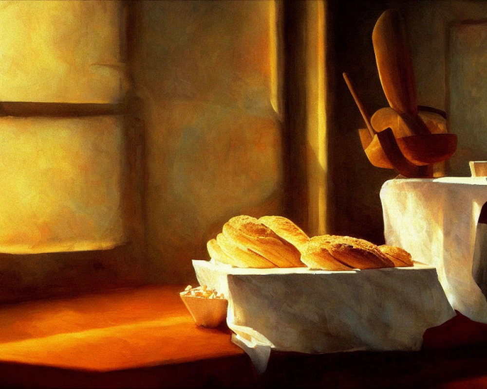 Tranquil indoor scene with fresh bread, kitchen utensils, and warm lighting