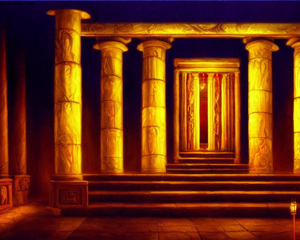 Digital painting of ancient temple with ornate columns and warm glowing light.