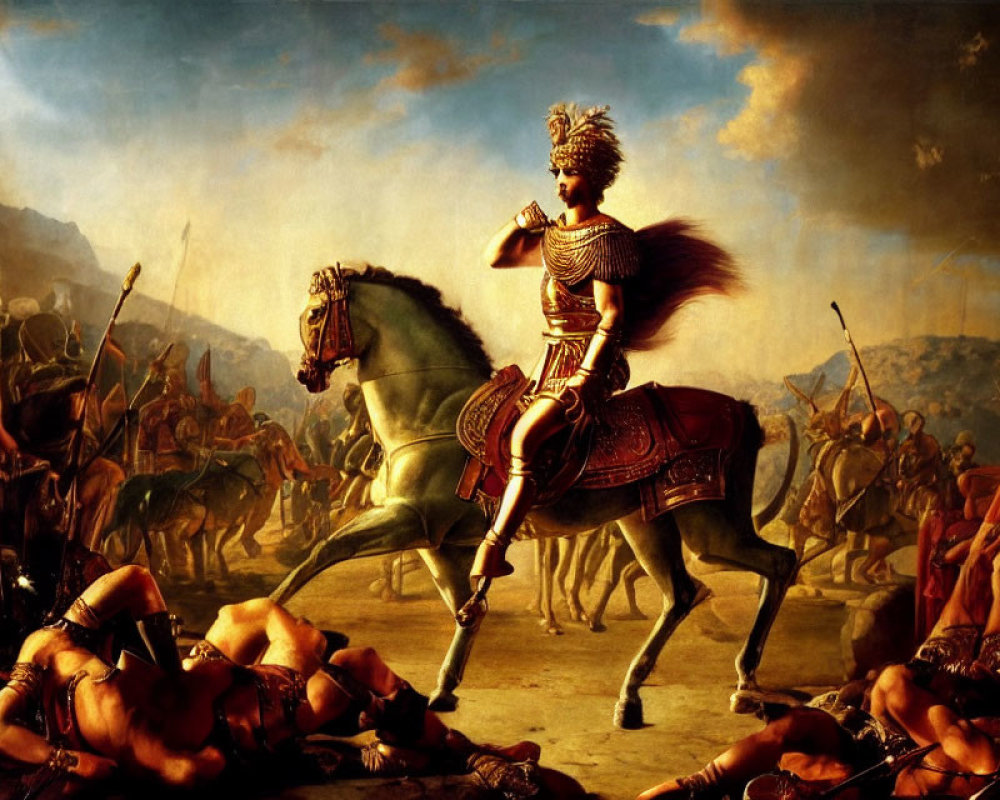 Historical warrior on horseback in battlefield painting