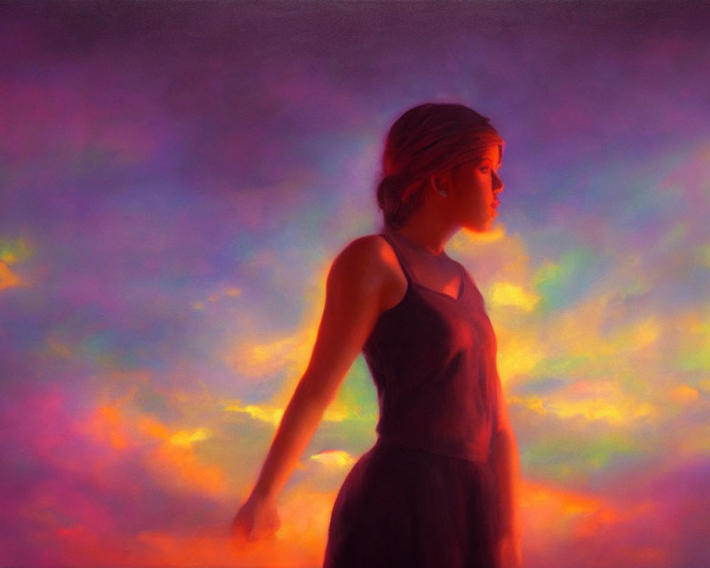 Dreamy Multicolored Haze Surrounds Contemplative Woman