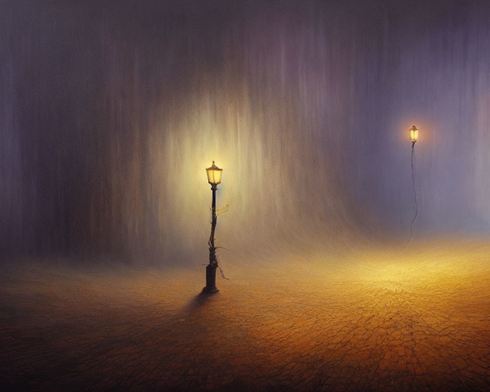 Misty Cobblestone Street at Night with Glowing Streetlamps