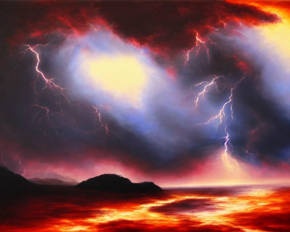 Heart-shaped formation in stormy sky with lightning above fiery landscape