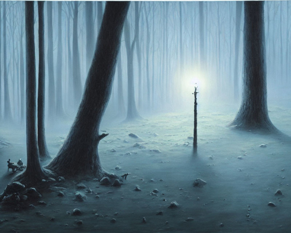 Ethereal forest scene with towering trees and glowing lamppost