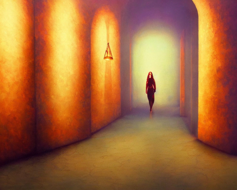 Silhouette of person in orange-lit corridor with arched ceilings