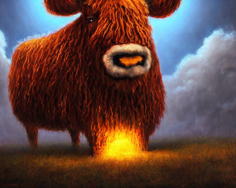 Fluffy Brown Highland Cow with Bright Yellow Nose in Moody Setting