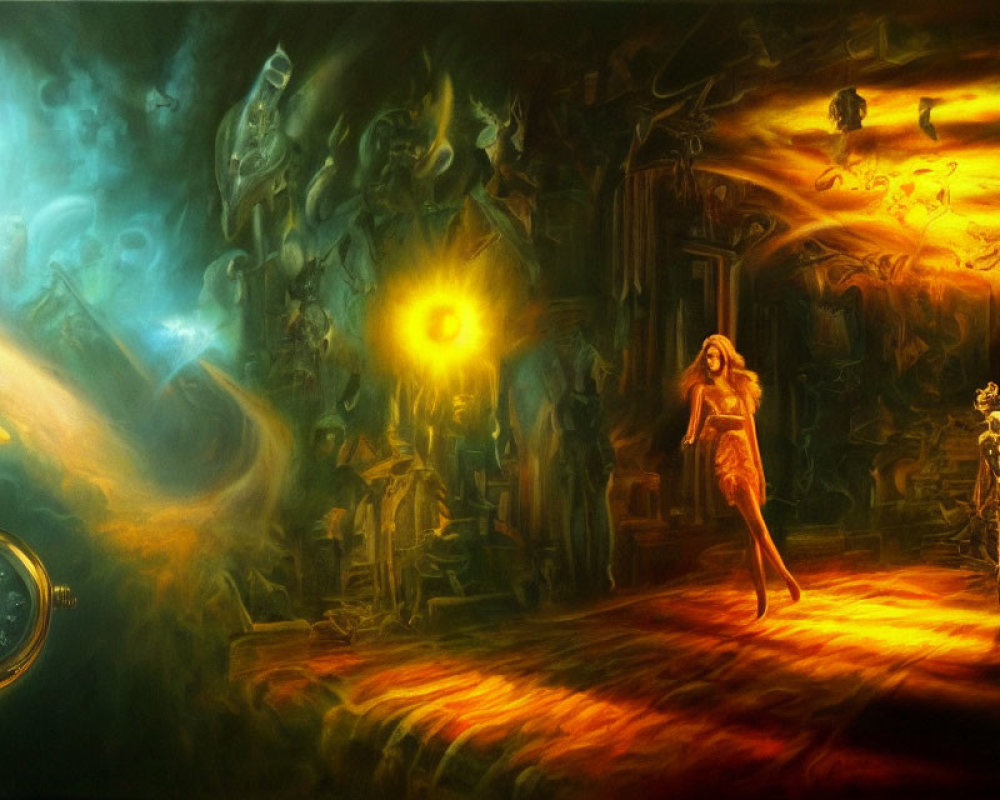 Surreal Fantasy Painting with Glowing Woman, Armored Skeleton, and Pocket Watch